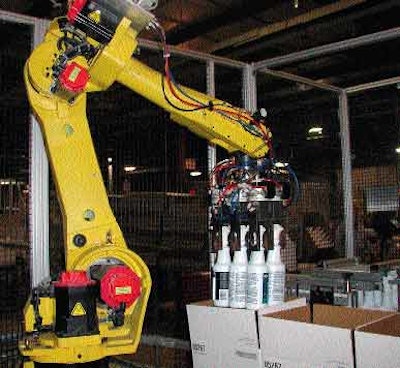SIX-AXIS ROBOT. The six-axis, articulated-arm robot uses several different end-of-arm grippers to handle various container size
