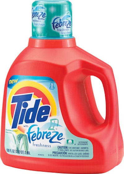 An on-cap shrink-sleeve label on laundry detergent bottles increases amount of packaging space available to P&G to introduce a l