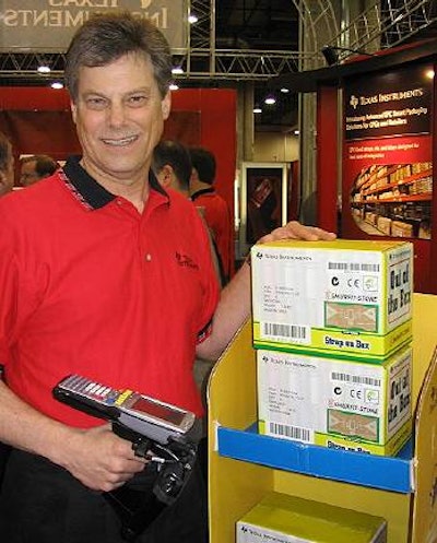 Texas Instruments' Bill Allen with the company's box-embedded RFID solution.