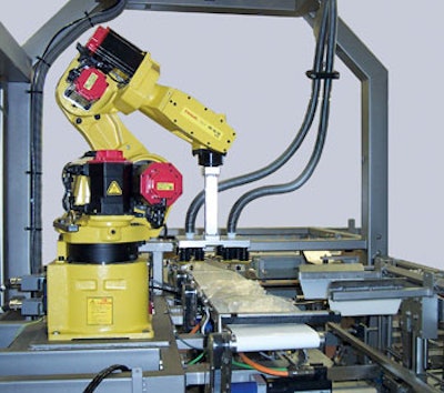 Precise positioning of bags is a hallmark of the robotic top-loader (above). I/O system shown below has a compact design that sa