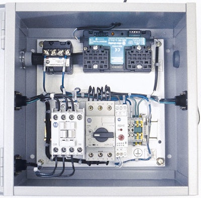 Zone control boxes like this one eliminate pneumatic clutches and chains on the zero-pressure pallet accumulation conveyor.