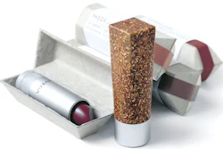 Two Aveda achievements in sustainable packaging include the first lipstick case to be made of recycled materials (right) and a m