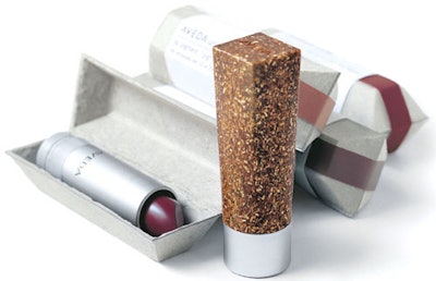 Two Aveda achievements in sustainable packaging include the first lipstick case to be made of recycled materials (right) and a m