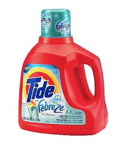 An on-cap shrink-sleeve label on laundry detergent bottles increases amount of packaging space available to P&G to introduce a l