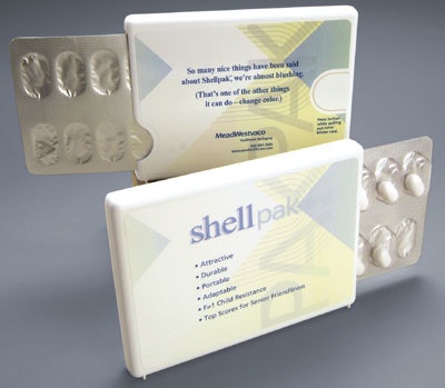 This two-piece Shellpakâ¢ functions as a secondary pack for blister-packed pharmaceutical pills and tablets. Its maker, Mea