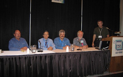 Make2Pack speakers at PACK EXPO Las Vegas, left to right: ELAU's John Kowal, Fred Putnam of MARKEM, Douglas Machine's Joe Faust,