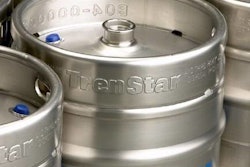 RFID-tagged beer keg; the tag is within the blue object affixed to the top of the keg.