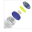 Schematic shows vial seal components; RFID tag is injection molded to the bottom side of the plastic seal (blue disc-like portio