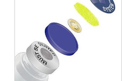 Schematic shows vial seal components; RFID tag is injection molded to the bottom side of the plastic seal (blue disc-like portio