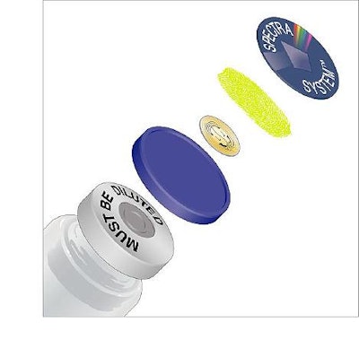 Schematic shows vial seal components; RFID tag is injection molded to the bottom side of the plastic seal (blue disc-like portio