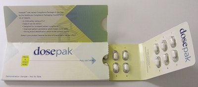A two-piece, extrusion-coated, paperboard-and-blister combination pharmaceutical package offers consumers three value propositio