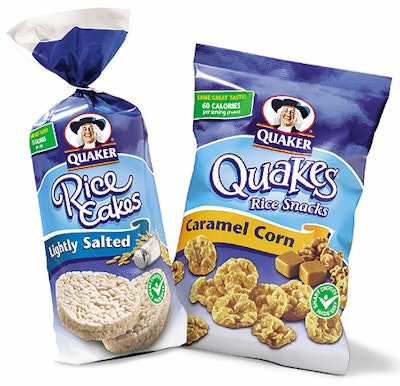 Violators (upper left) on these packages from Frito-Lay show the calorie content for these Quaker products.