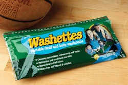 A flexible pouch holding just eight moist towelettes creates a smaller package that makes Washettes more portable.