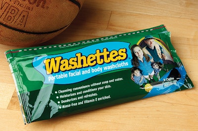 A flexible pouch holding just eight moist towelettes creates a smaller package that makes Washettes more portable.