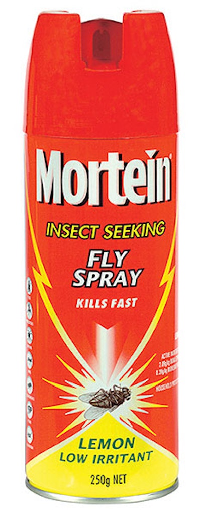 Mortein brand electrostatically charged spray works without batteries to home in on flies.