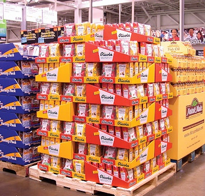 A key club-store packaging rule is to have pallets with 360-degree display that catches the shopper's attention from any side. P