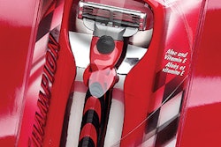Auto-racing graphics rev up interest among men for a triple-blade razor.