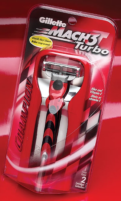 Auto-racing graphics rev up interest among men for a triple-blade razor.