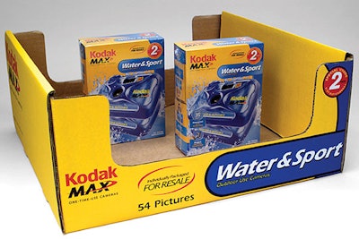 Packaging for the Kodak Water & Sport one-time-use camera respond to club store needs. The primary packages are in a multipack t