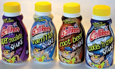 The dynamic graphics on shrink labels help Galliker Dairy position 'Shake' product as a treat rather than traditional milk.