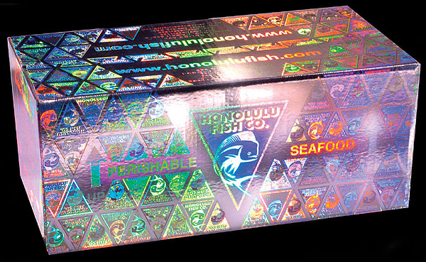 Shipper with holographic paper laminated to it establishes brand identity for Honolulu Fish Co. The company ships fish by air fr