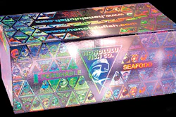 Shipper with holographic paper laminated to it establishes brand identity for Honolulu Fish Co. The company ships fish by air fr