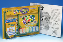 Feet on a mock clamshell blister for the Crayola Color Wonder Activity kit allow it to stand up on the store shelf. The retailer