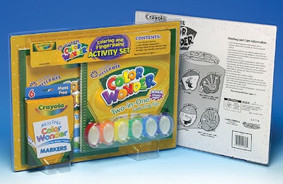 Feet on a mock clamshell blister for the Crayola Color Wonder Activity kit allow it to stand up on the store shelf. The retailer