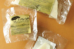 The biodegradable, compostable film used for Tikvah organic soaps offers clarity and moisture permeability. It's also less costl