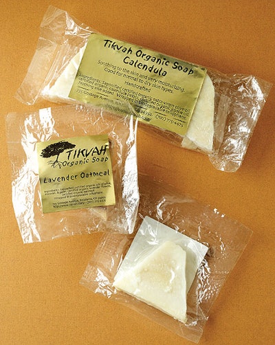 The biodegradable, compostable film used for Tikvah organic soaps offers clarity and moisture permeability. It's also less costl