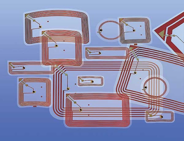RFID tags like these are wending their way into packaging. Pallets and cases will get them first, but eventually even primary pa