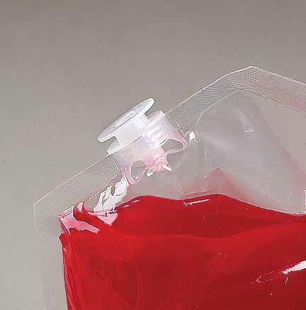 The 2-L pouches feature a one-piece fitment (above), which accepts a fill/dispensing probe that ensures that users are never in