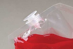 The 2-L pouches feature a one-piece fitment (above), which accepts a fill/dispensing probe that ensures that users are never in