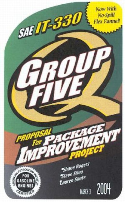 Students' proposed motor oil bottle label, flagged with callout for No-Spill Flex Funnel.
