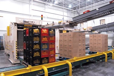 Three new palletizers at Turner can handle both column-stacked plastic returnable crates on pallets or bliss-style corrugated c