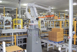 Each palletizing robot receives cases from two overhead infeeds and loads two separate pallets.