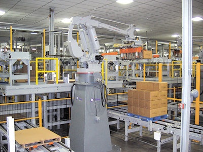 Each palletizing robot receives cases from two overhead infeeds and loads two separate pallets.