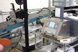 Top photo shows the p-s labeler that applies bar codes; the new ink-jet coder sits a few feet downstream.