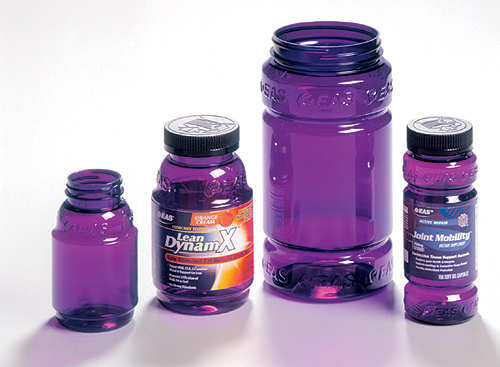 The two keg-shaped bottles and two of the three sizes of the barbell bottle shape were used to introduce 20 new EAS products ear