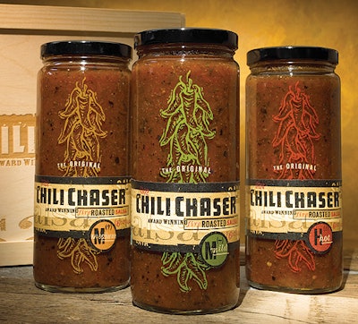 Lava Foods' Chili Chaser salsas use handsome keeper jars screen printed with peppers. Rustic paper labels reinforce the hand-pac