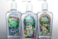 Each of the three-dimensional labels for Dial's clear liquid hand soap (above right) is made up of two images: if you compare th