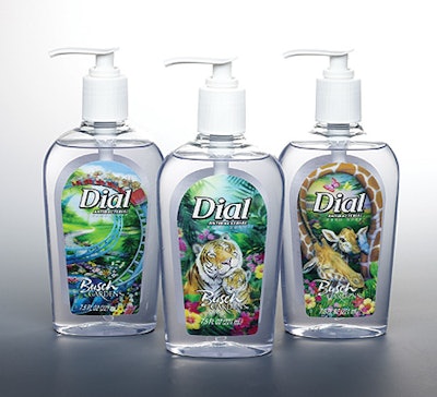 Each of the three-dimensional labels for Dial's clear liquid hand soap (above right) is made up of two images: if you compare th