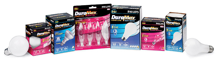Philips' new DuraMax line includes a wide variety of lightbulbs for virtually every home need. Package colors reflect the catego
