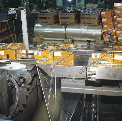 Unprinted PVC film unwinds upward to a film former just above a conveyor that moves two cartons at a time into the film in this