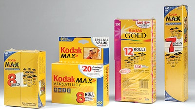 Kodak yellow is a strong visual brand identifier for the individual multipacks it sells to club stores (left) and in creating di
