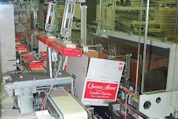 The cases are tilted for two-up loading (above) to keep the cartons forward so that a vertical divider can be inserted by the ro