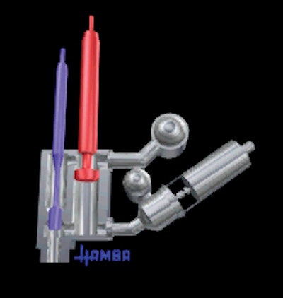 Above, the animation of the differential piston filler shows how the piston, colored in red, and the fill valve, colored in blue