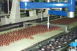 Operating using 4 axes, each robot picks a cordial from the conveyor and places it into the tray at an average rate of 1.5 cordi