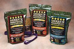 Six-color, reverse flexo-printing on Merrick's stand-up pouches of dog food identifies the product variety and its benefits and