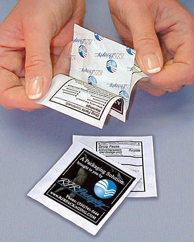 Random-printed foil pouch is affixed between two paper plies that offer space for the Drug Facts information.
